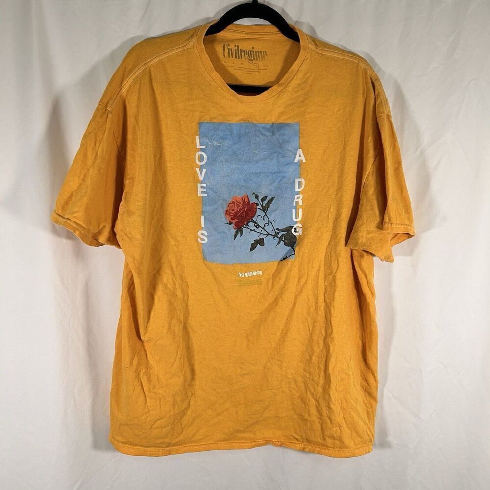 Civilregime Rebel Youth Shirt Mens XL Yellow Short Sleeve Crew Neck Love Is Drug